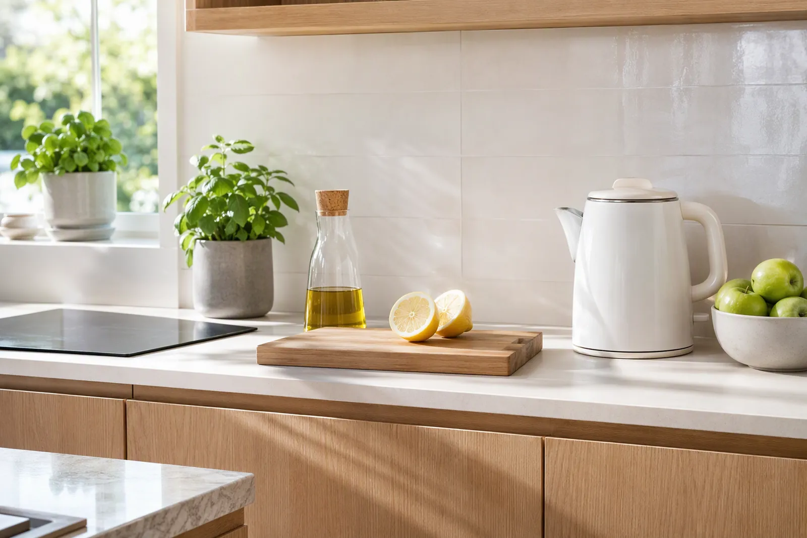 Kitchen counter with a kettle, fruit and herbs